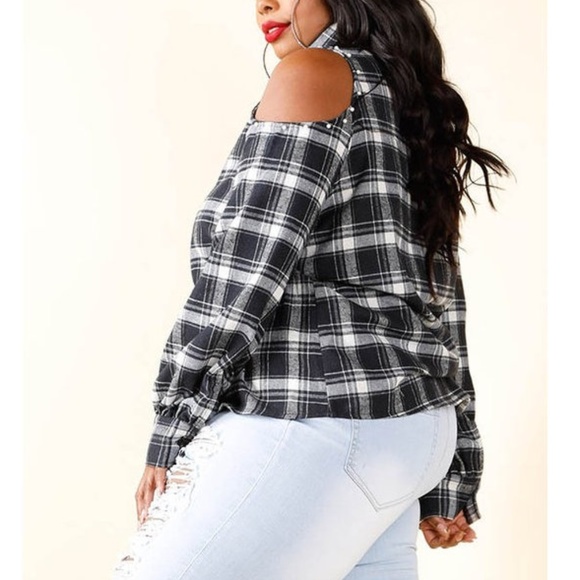 Plus Black Plaid White Pearl Cold Shoulder Shirt - Picture 7 of 8